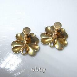 Art Nouveau Enamel Gold Earrings Green Four Leaf Clover Shamrock Earrings Screw