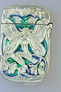 Art Nouveau Fairy Silver Plated Match Vesta Case Blue Green Enamel