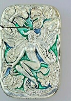 Art Nouveau Fairy Silver Plated Match Vesta Case Blue Green Enamel