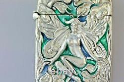 Art Nouveau Fairy Silver Plated Match Vesta Case Blue Green Enamel