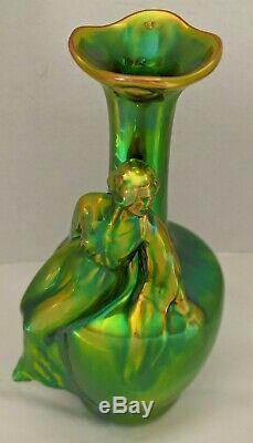 Art Nouveau Figural Vase by Zsolnay Green Iridescent Eosin, Hungary