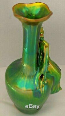 Art Nouveau Figural Vase by Zsolnay Green Iridescent Eosin, Hungary