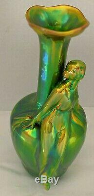 Art Nouveau Figural Vase by Zsolnay Green Iridescent Eosin, Hungary