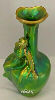 Art Nouveau Figural Vase by Zsolnay Green Iridescent Eosin, Hungary
