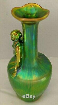 Art Nouveau Figural Vase by Zsolnay Green Iridescent Eosin, Hungary