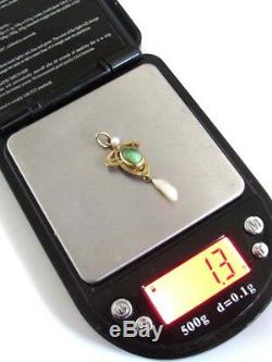 Art Nouveau Fine 10K Gold Green Turquoise & Baroque Pearl Pendant with Seed Pearl
