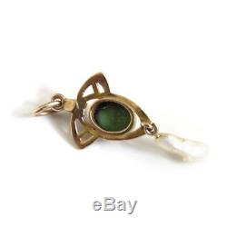 Art Nouveau Fine 10K Gold Green Turquoise & Baroque Pearl Pendant with Seed Pearl
