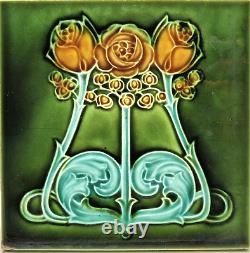Art Nouveau Fireplace Majolica Tile Green Triple Floral T&R Boote Ltd C1900