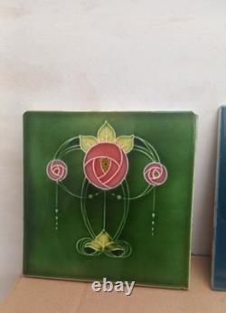 Art Nouveau Fireplace Tile Blue & green Floral Majolica X2 joblot victorian