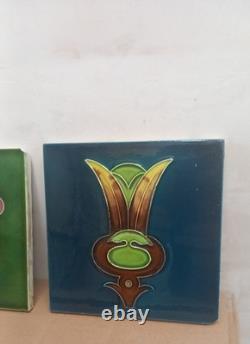 Art Nouveau Fireplace Tile Blue & green Floral Majolica X2 joblot victorian