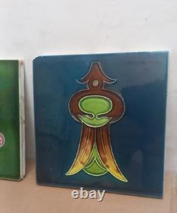 Art Nouveau Fireplace Tile Blue & green Floral Majolica X2 joblot victorian