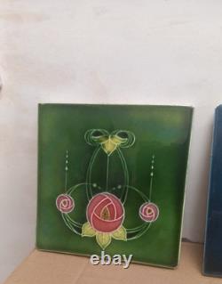 Art Nouveau Fireplace Tile Blue & green Floral Majolica X2 joblot victorian