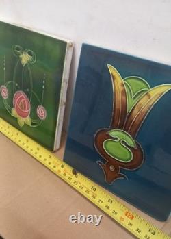 Art Nouveau Fireplace Tile Blue & green Floral Majolica X2 joblot victorian