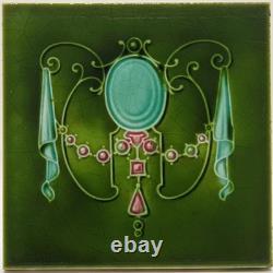 Art Nouveau Fireplace Tile Green Majolica Jewels Design by T & R Boote C1895 AE1