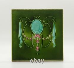 Art Nouveau Fireplace Tile Green Majolica Jewels Design by T & R Boote C1895 AE1