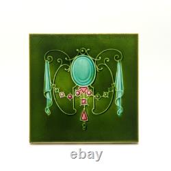 Art Nouveau Fireplace Tile Green Majolica Jewels Design by T & R Boote C1895 AE3