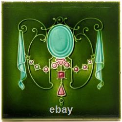 Art Nouveau Fireplace Tile Green Majolica Jewels Design by T & R Boote C1895 AE6