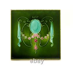 Art Nouveau Fireplace Tile Green Majolica Jewels Design by T & R Boote C1895 AE6