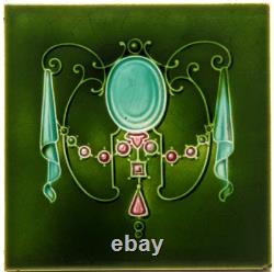 Art Nouveau Fireplace Tile Green Majolica Jewels Design by T & R Boote C1895 AE9