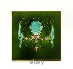 Art Nouveau Fireplace Tile Green Majolica Jewels Design by T & R Boote C1895 AE9