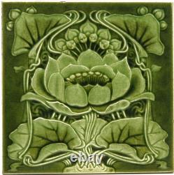 Art Nouveau Fireplace Tile Green Moulded Majolica Floral Design by Marsden C1900