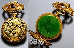 Art Nouveau Floral Case with Green Enamel Background 18K Gold Pendant Watch 1895