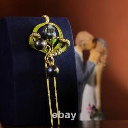 Art Nouveau Floral Green Hair Comb Black Baroque Pearl QD12