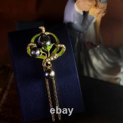 Art Nouveau Floral Green Hair Comb Black Baroque Pearl QD12