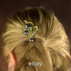 Art Nouveau Floral Green Hair Comb Black Baroque Pearl QD12