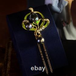 Art Nouveau Floral Green Hair Comb Black Baroque Pearl QD12