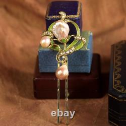 Art Nouveau Floral Green Hair Comb Real Baroque Pearl Rose QD12