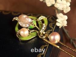 Art Nouveau Floral Green Hair Comb Real Baroque Pearl Rose QD12