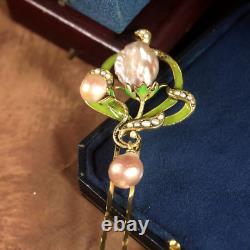Art Nouveau Floral Green Hair Comb Real Baroque Pearl Rose QD12