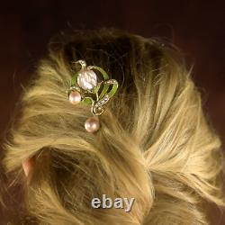 Art Nouveau Floral Green Hair Comb Real Baroque Pearl Rose QD12