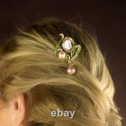 Art Nouveau Floral Green Hair Comb Real Baroque Pearl Rose QD12