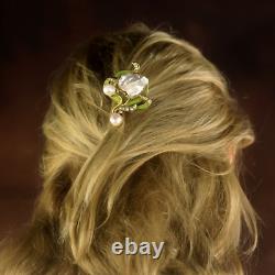 Art Nouveau Floral Green Hair Comb Vintage Style QD12 With Real Baroque Pearl