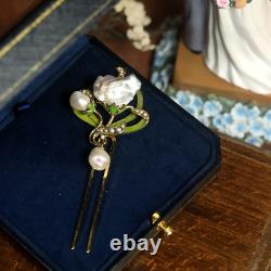 Art Nouveau Floral Green Hair Comb Vintage Style QD12 With Real Baroque Pearl