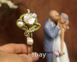 Art Nouveau Floral Green Hair Comb Vintage Style QD12 With Real Baroque Pearl