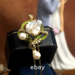 Art Nouveau Floral Green Hair Comb Vintage Style QD12 With Real Baroque Pearl