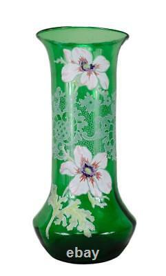 Art Nouveau French Antique Enamelled Flowers Green Glass Vase Legras Style