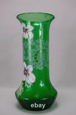 Art Nouveau French Antique Enamelled Flowers Green Glass Vase Legras Style