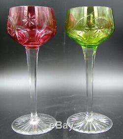 Art Nouveau French Baccarat Cut Crystal Green Emerald & Red Ruby Glasses Set 8