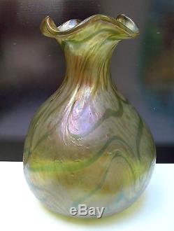 Art Nouveau Fritz Heckert Loetz Style Silberband Hot Decorated Green Glass Vase