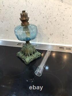 Art Nouveau Gaudard Oil Lamp C1910 Cast Green Base Aquamarine Reservoir + Funnel