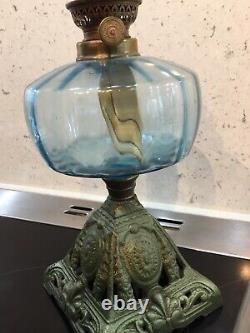 Art Nouveau Gaudard Oil Lamp C1910 Cast Green Base Aquamarine Reservoir + Funnel