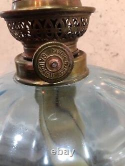 Art Nouveau Gaudard Oil Lamp C1910 Cast Green Base Aquamarine Reservoir + Funnel