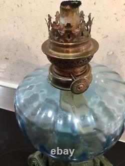 Art Nouveau Gaudard Oil Lamp C1910 Cast Green Base Aquamarine Reservoir + Funnel