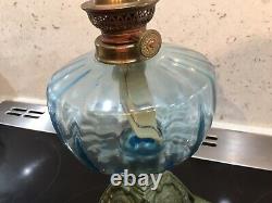 Art Nouveau Gaudard Oil Lamp C1910 Cast Green Base Aquamarine Reservoir + Funnel