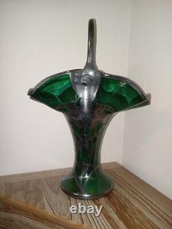 Art Nouveau Glass Basket Vase Pewter Overlay Loetz
