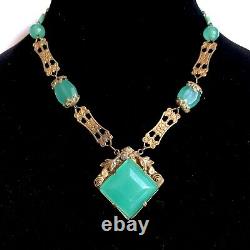 Art Nouveau Glass Necklace Green Slag Brass 16 Faceted Vtg Antique As-is